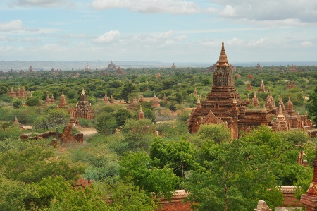 Red sandstone peaks of Bagan landscape